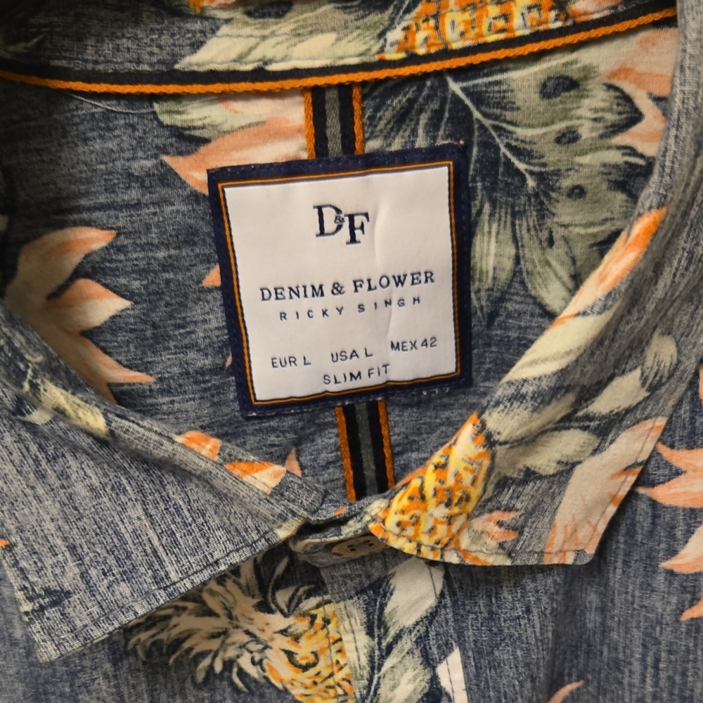 Denim & Flower Blue and Orange Casual Button Down Shirt